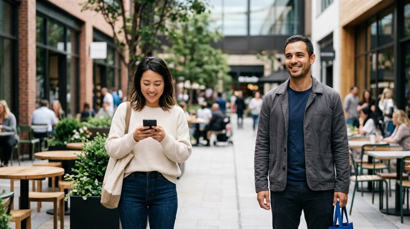Two shoppers at a modern mixed-use retail destination with cafes and greenery
