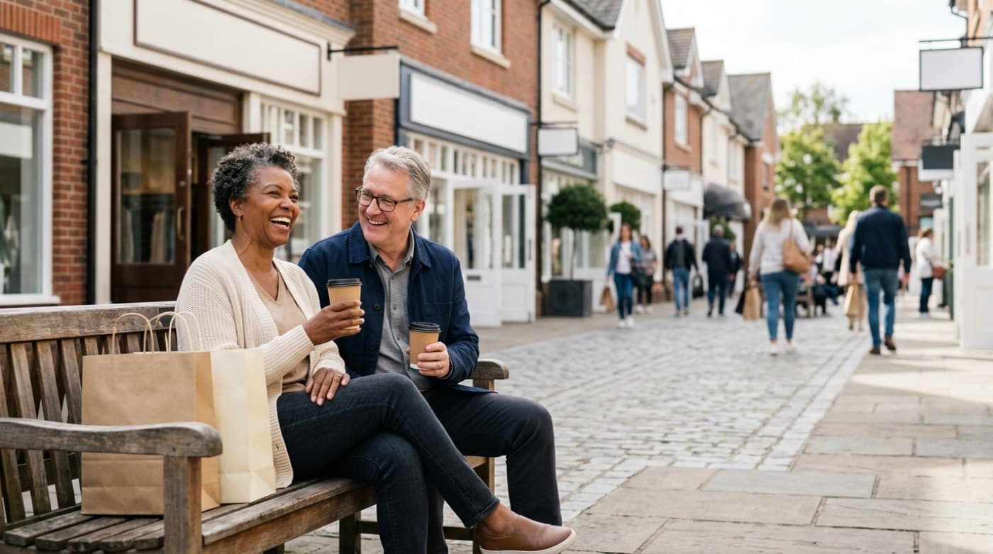 A relaxed couple with coffee on a bench at an open-air outlet shopping village