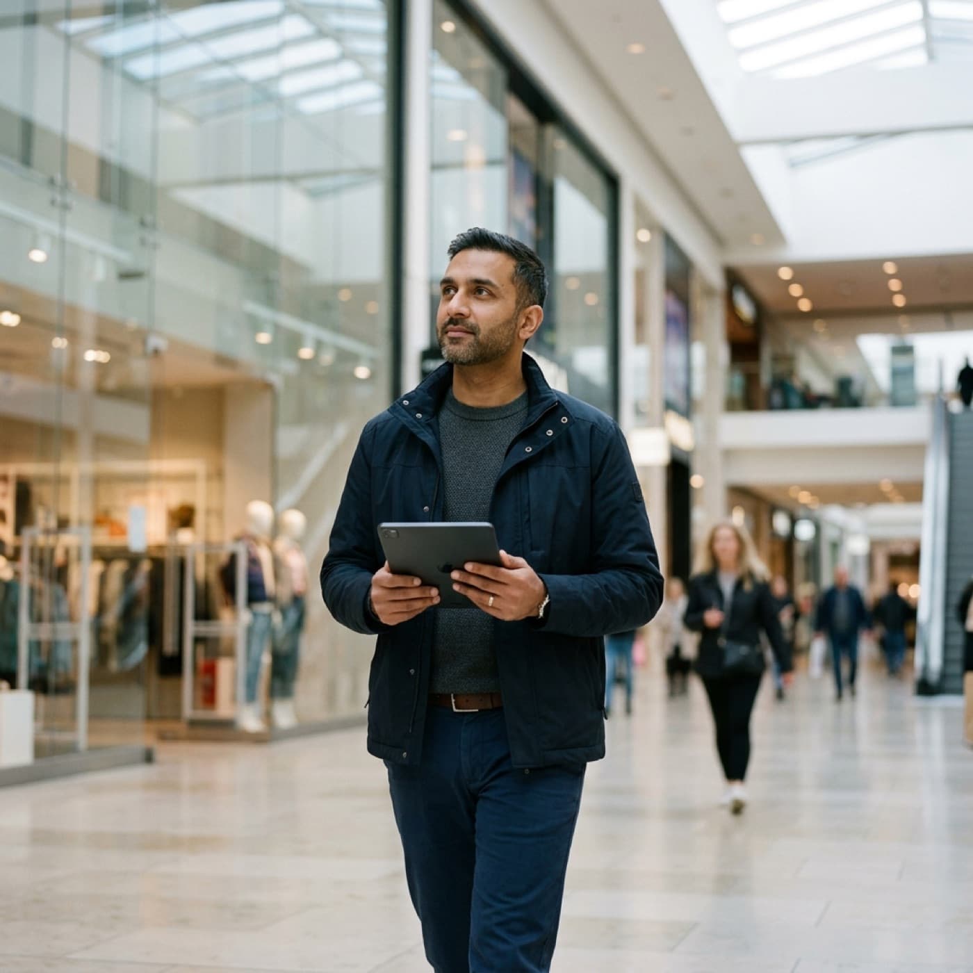 A leasing manager reviewing shopper demand on a tablet in the mall