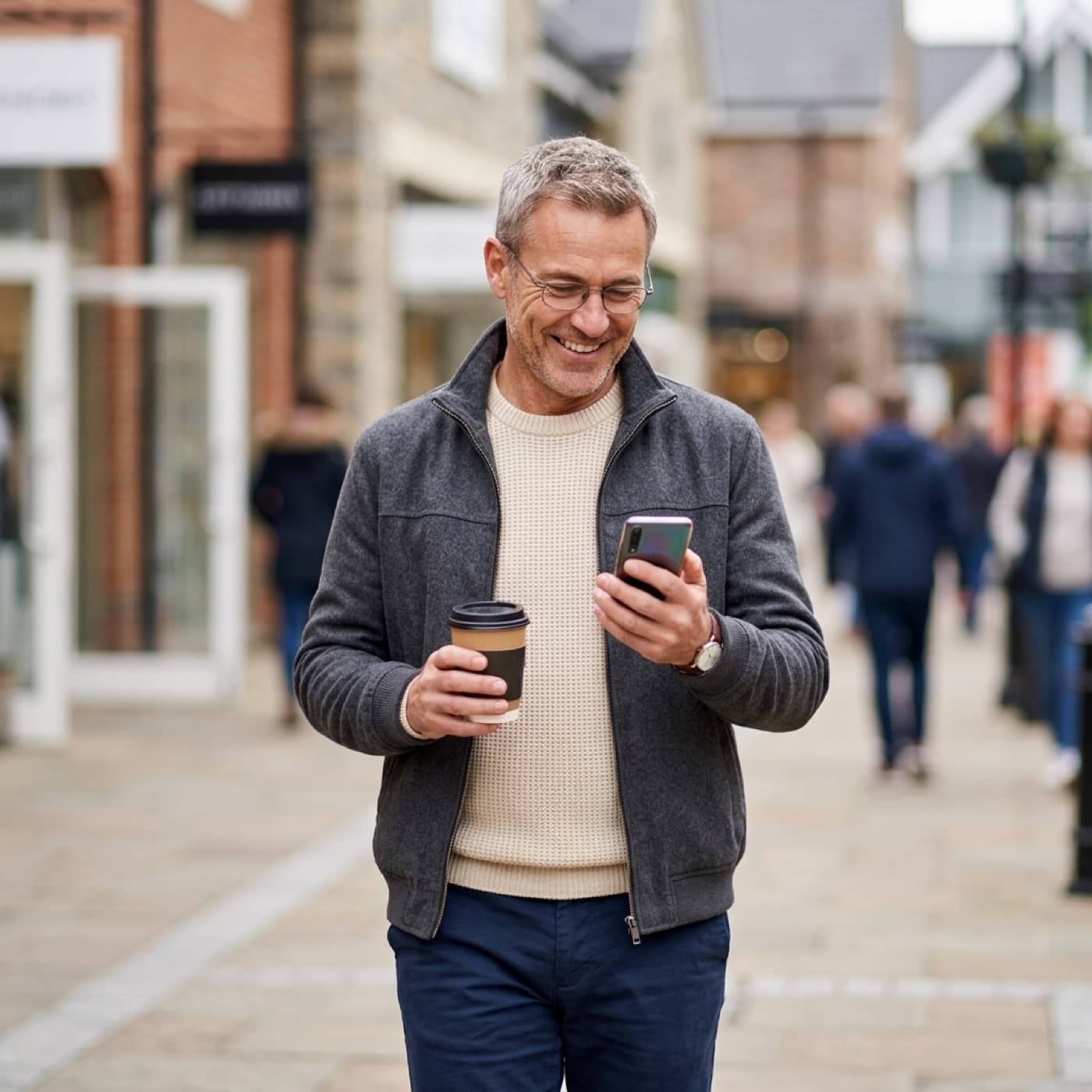 A shopper checking a loyalty reward on his phone in a busy retail destination