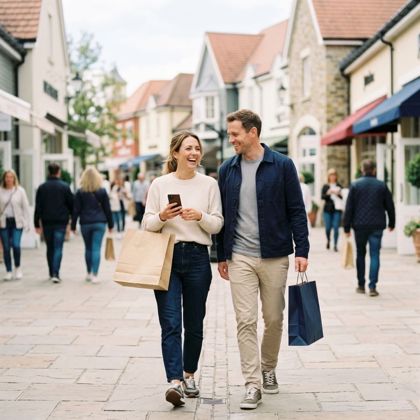 A couple at an outlet shopping village