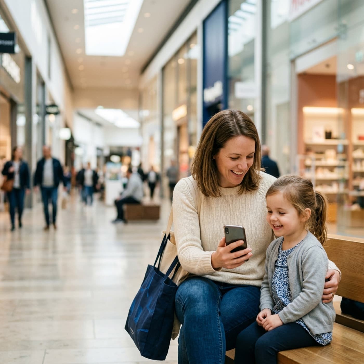 A parent and child at a shopping centre checking the loyalty app