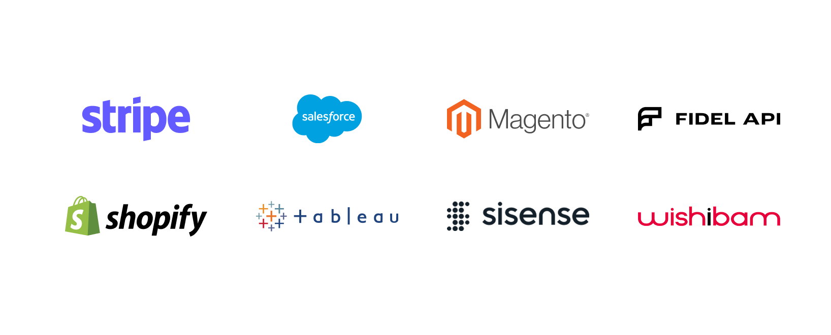 collage of logos, including: Stripe, Salesforce, Magento, Fidel API, Shopify, Tableau, Sisense, and Wishibam